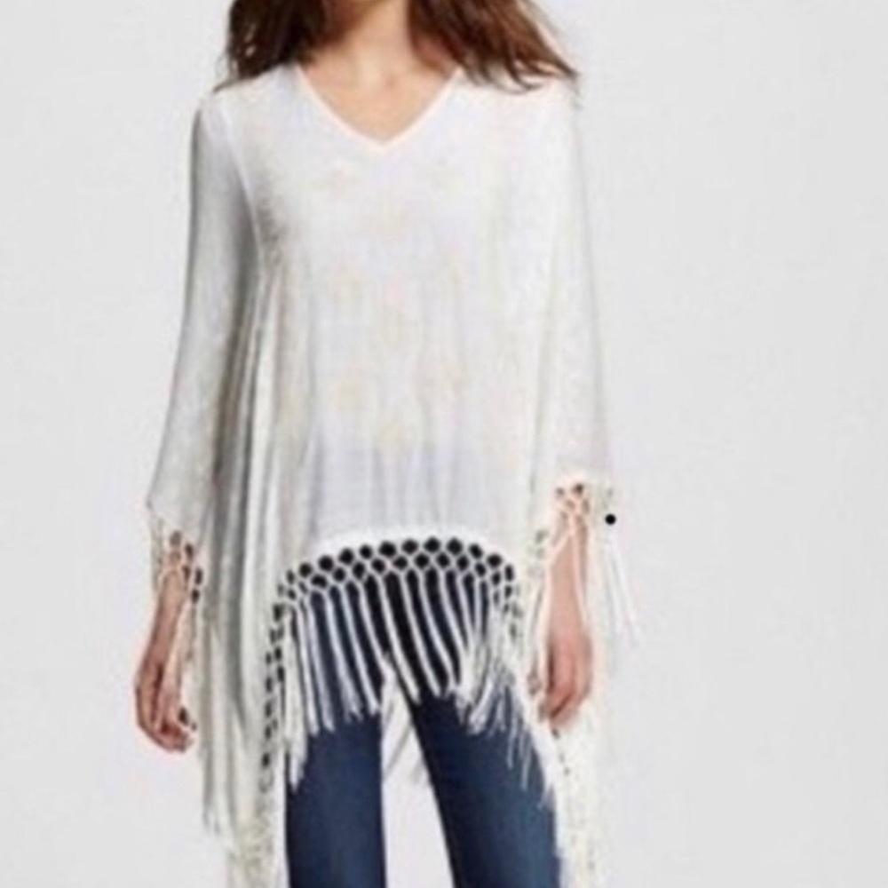 Knox Rose  XL Ivory embroidered poncho long fringe pair w/ denim or swimsuit